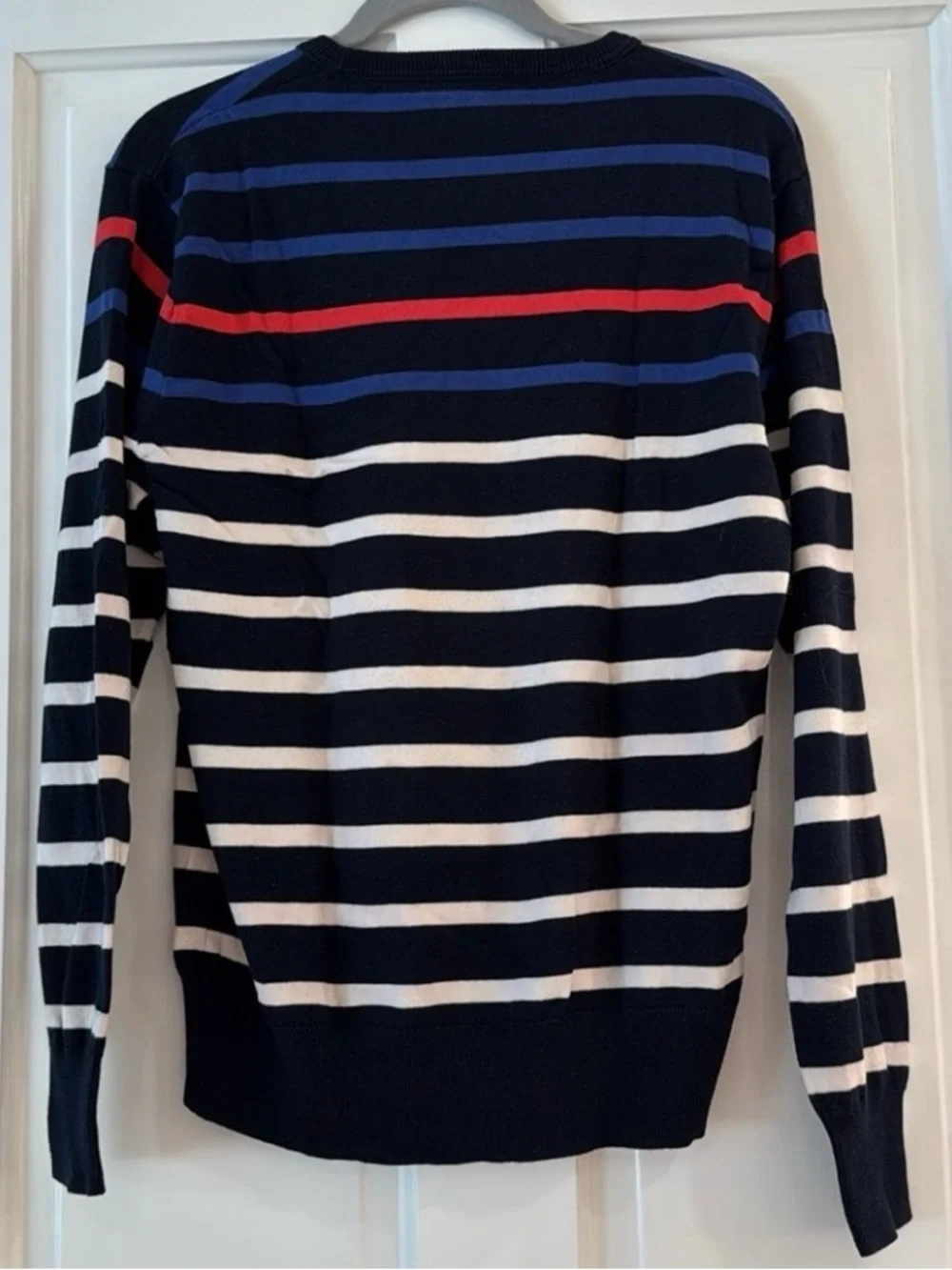 J. Crew Navy Striped Crewneck Sweater with Red & Blue Accents